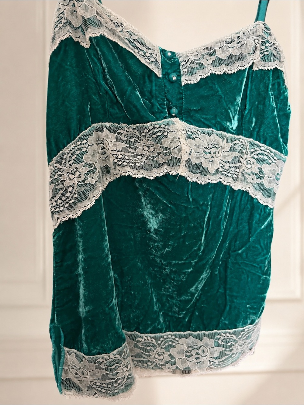 Vintage Lily White Teal Velvet Lace Camisole Top Size L